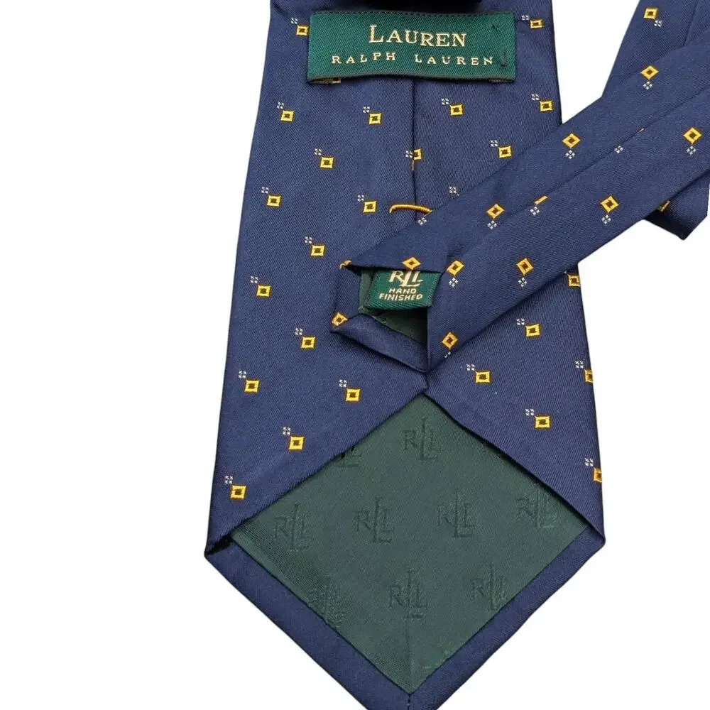 Lauren Ralph Lauren Tie Mens Classic Blue Yellow Foulard Silk Embroidered‎ 56.5